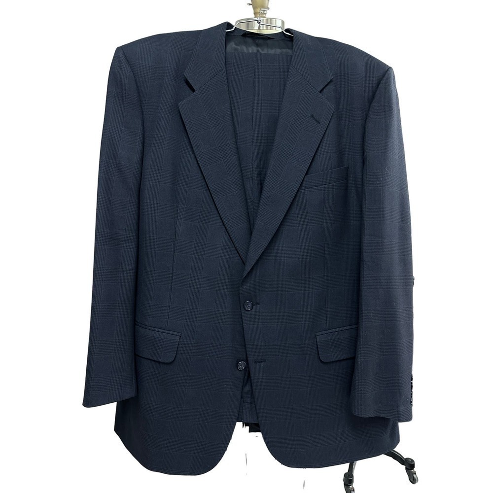 VTG Burberrys Mob Boss 100% Pure Wool Blue Houndstooth Plaid Men Suit 48R